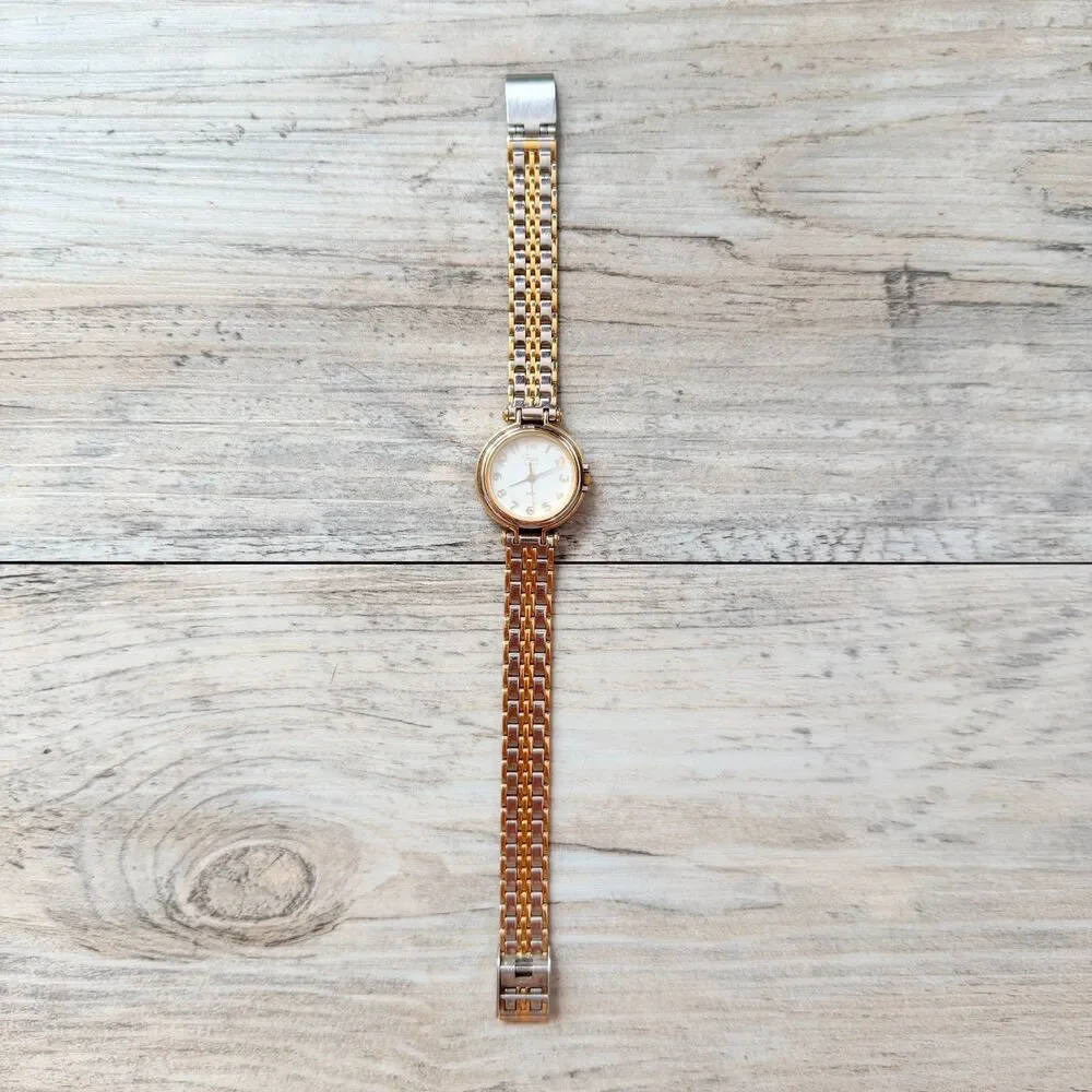 Vintage Timex Quartz Two Tone Petite Dainty Watch Gold Silver Bracelet 90s
